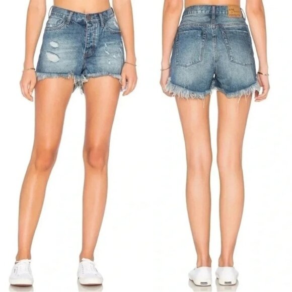 One Teaspoon High Waist Bonita Jean Shorts Blue Fringe Distressed Denim Cutoffs - Picture 3 of 15